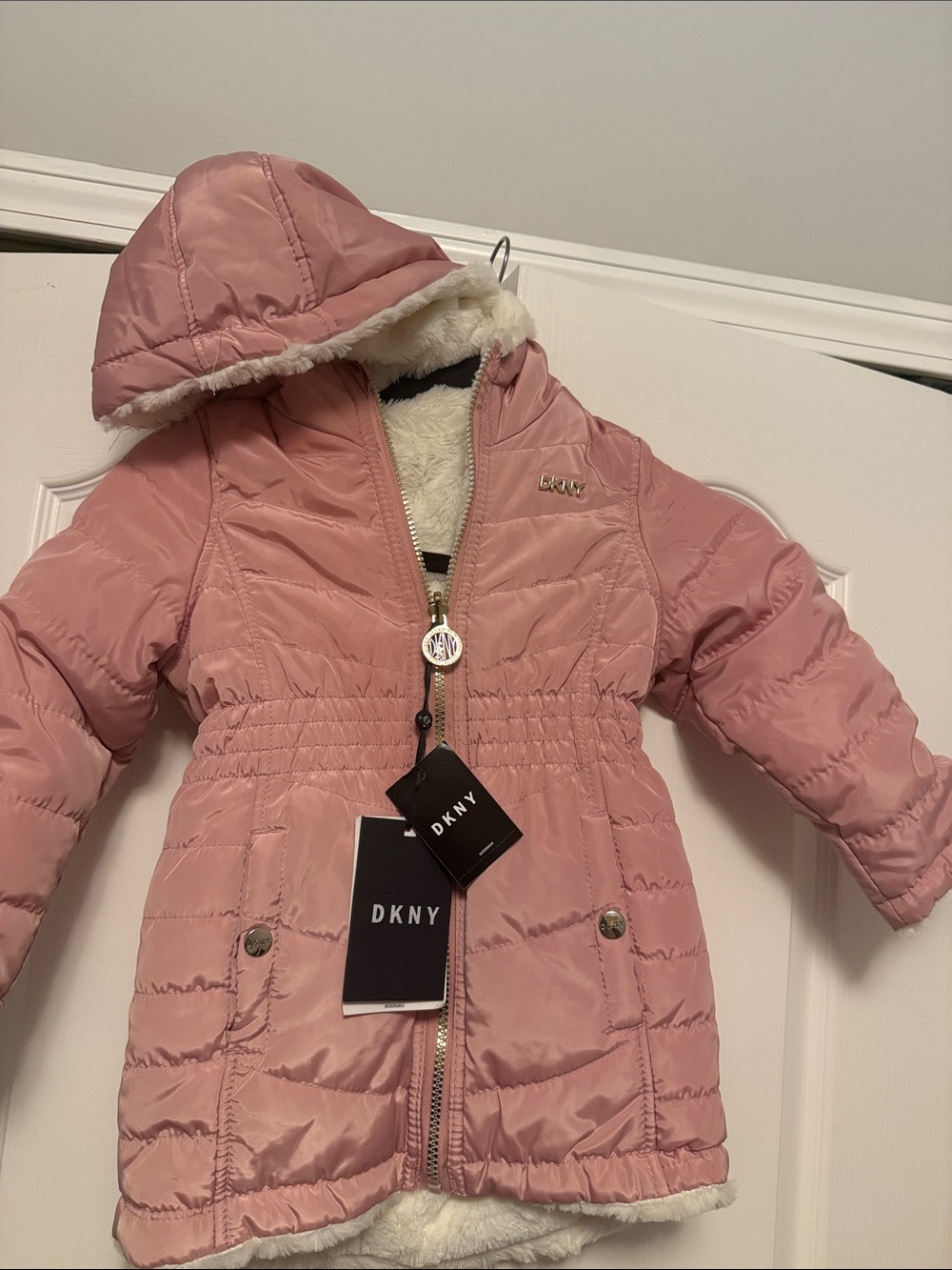 DKNY Girls' Pink Hooded Puffer Jacket with Faux-Fur Trim